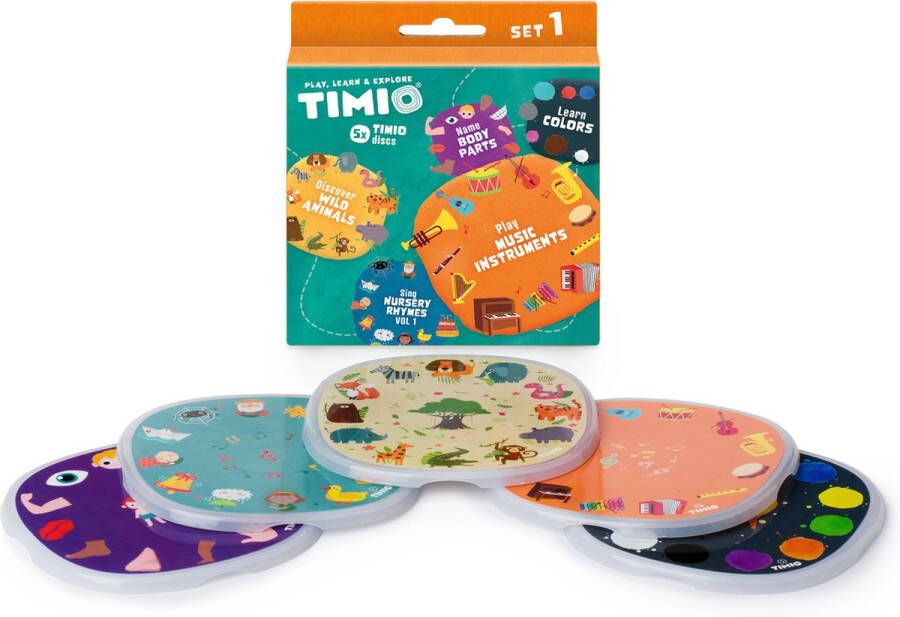 TIMIO Disk Set # 1: 5 Audio-Discs voor de Player Leer Kleuren Wilde Dieren Muziekinstrumenten 96 Kinderliedjes Vol. 1 Lichnaamsdelen Alles in 8 Talen Leerspeelgoed van 2 6 Jaar
