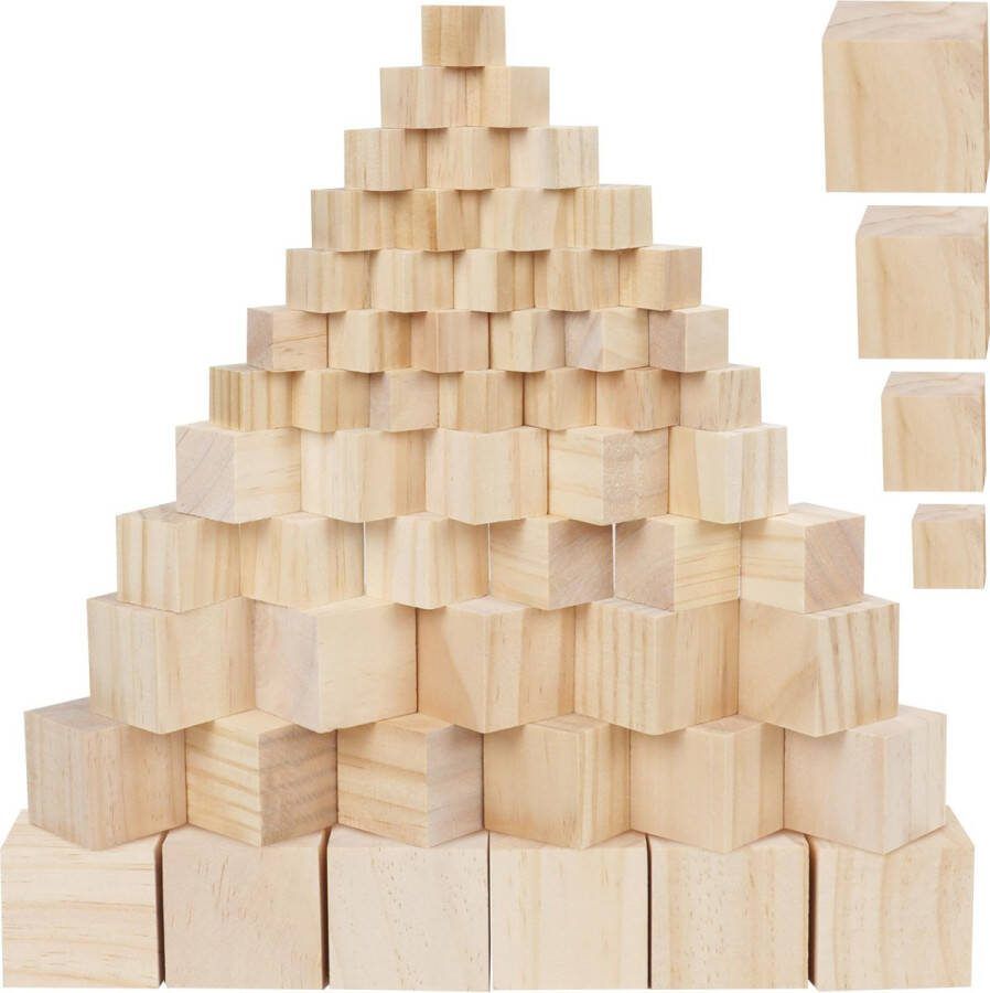 Tinyyo Belle Vous 100 Pak Houten Kubussen – 4 Geassorteerde Natuurlijk Onbewerkte Naaldhouten Vierkante Houten Blokken – DIY Kunst & Hobby Puzzels Educatieve Alfabet & Nummer Blokken en Geschenken