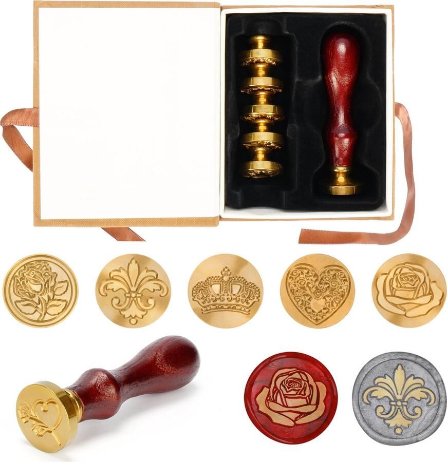 Tinyyo Belle Vous Vintage Wax Zegel Stempel Set met Verwijderbare Koperen Handvat (7 Stuks) Retro Verzegelingsstempel met Houten Handvat Bloem Hart & Kroon Stempels Enveloppen & Huwelijksuitnodigingen