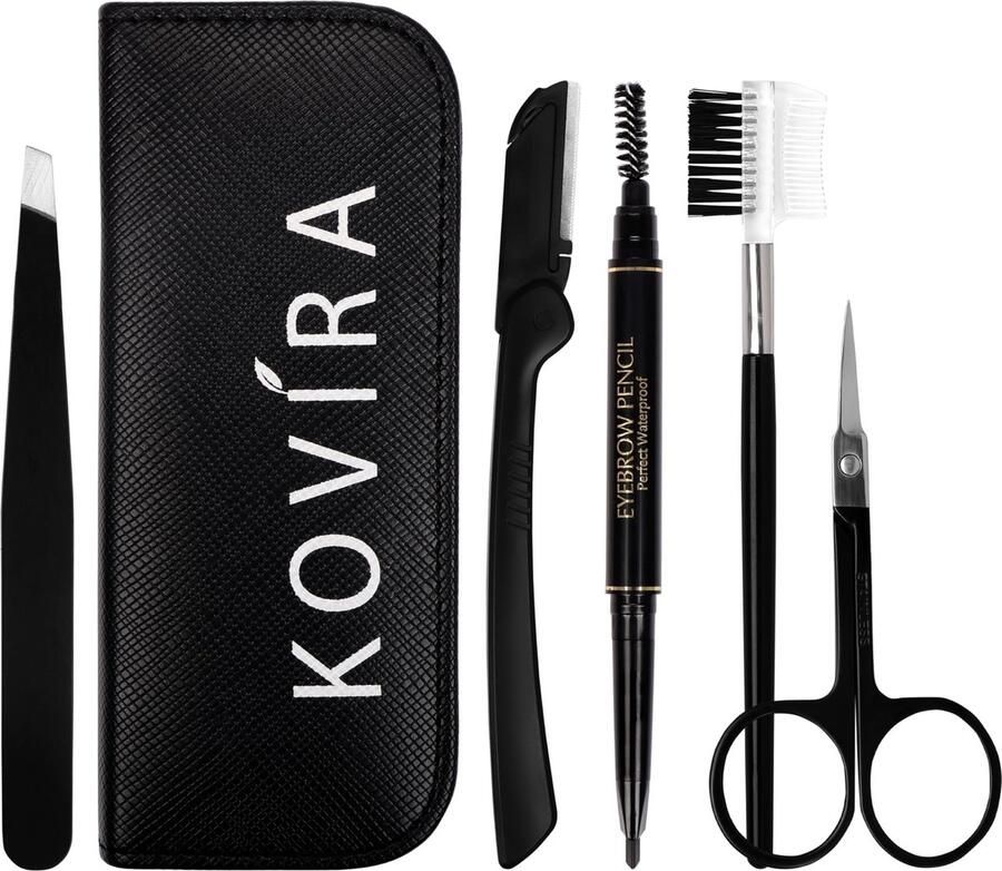 Tinyyo Kovira 5-Delige Wenkbrauw Verzorg Set Roestvrij Stalen Schaar Wenkbrauw Spoolie Borstel Pincet Shaper & Potlood met Zwarte Case Voor Vormen Trimmen en Wimper Extension Voor Heren en Dames