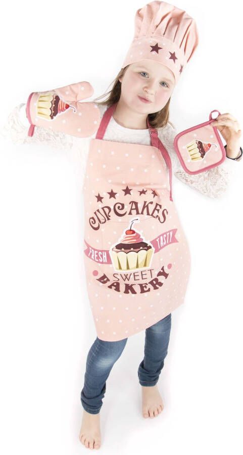 Tiseco Kinderset Keukenschort – Katoen – Cupcakes Set Inclusief Keukenschort Koksmuts Pannenlap en Ovenwant