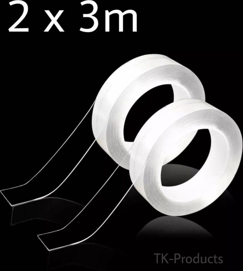 TK-products Duopack Nano Tape Dubbelzijdig Premium Grip Tape Afwasbaar Herbruikbaar 2 x 3 meter- Plakband