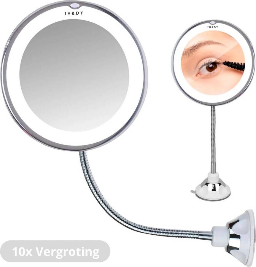 DynaBright Make Up Spiegel met Led Verlichting 10x Vergroting Flexibele Hals Zuignap 360° Rotatie Scheerspiegel