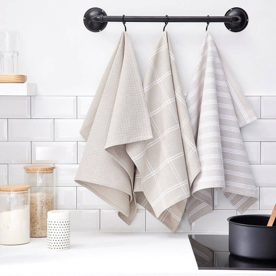 Today Set van 3 theedoeken met geruit patroon Essential Beige 50x70 cm