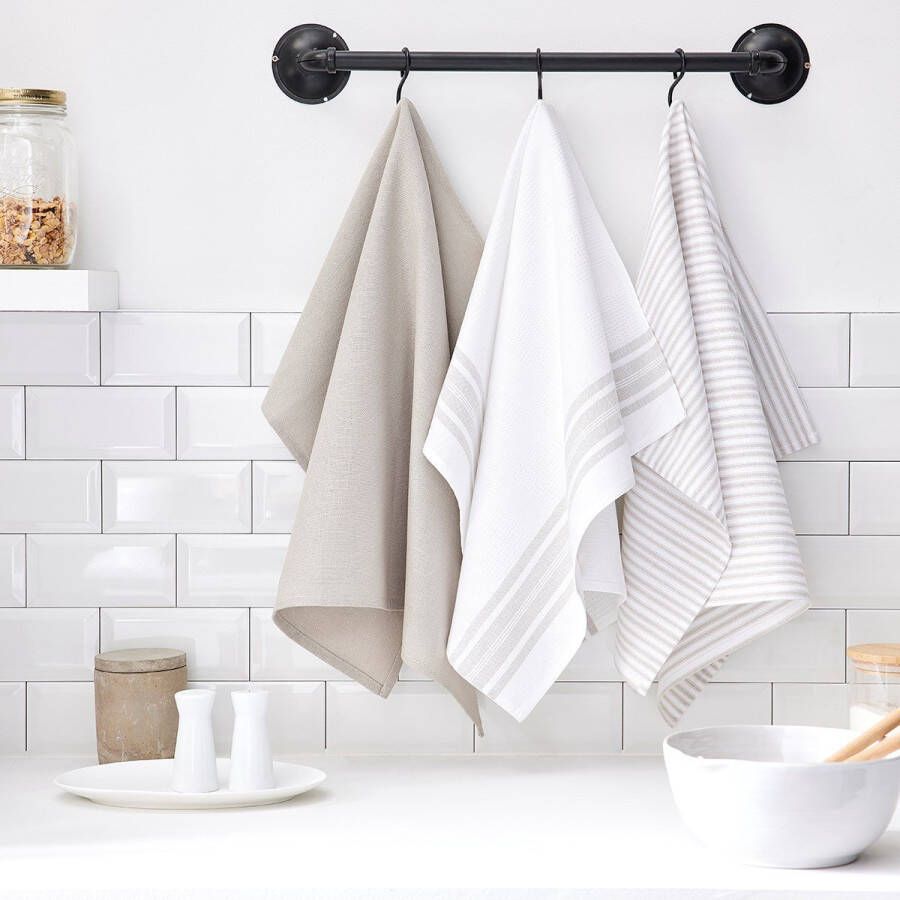 Today Set van 3 theedoeken met strepen Essential Beige 50x70 cm