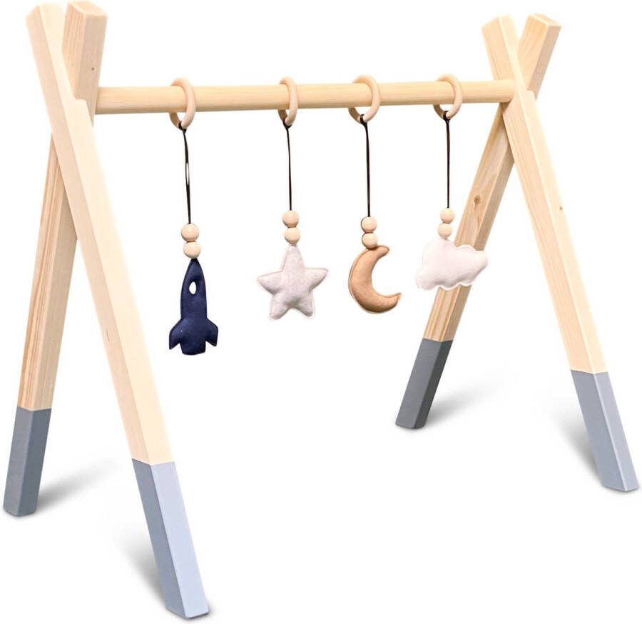 Toddie.nl Houten babygym Massief houten speelboog tipi vorm met ruimte hangers denim drift