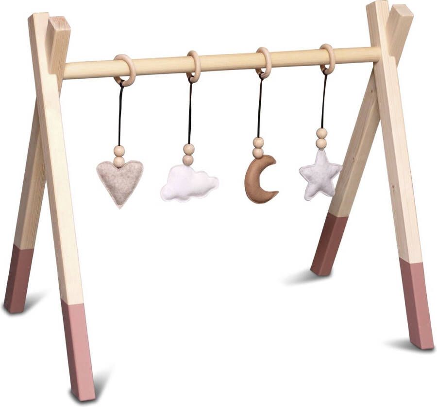 Toddie.nl Houten babygym Massief houten speelboog tipi vorm met naturel hangers Terra roze