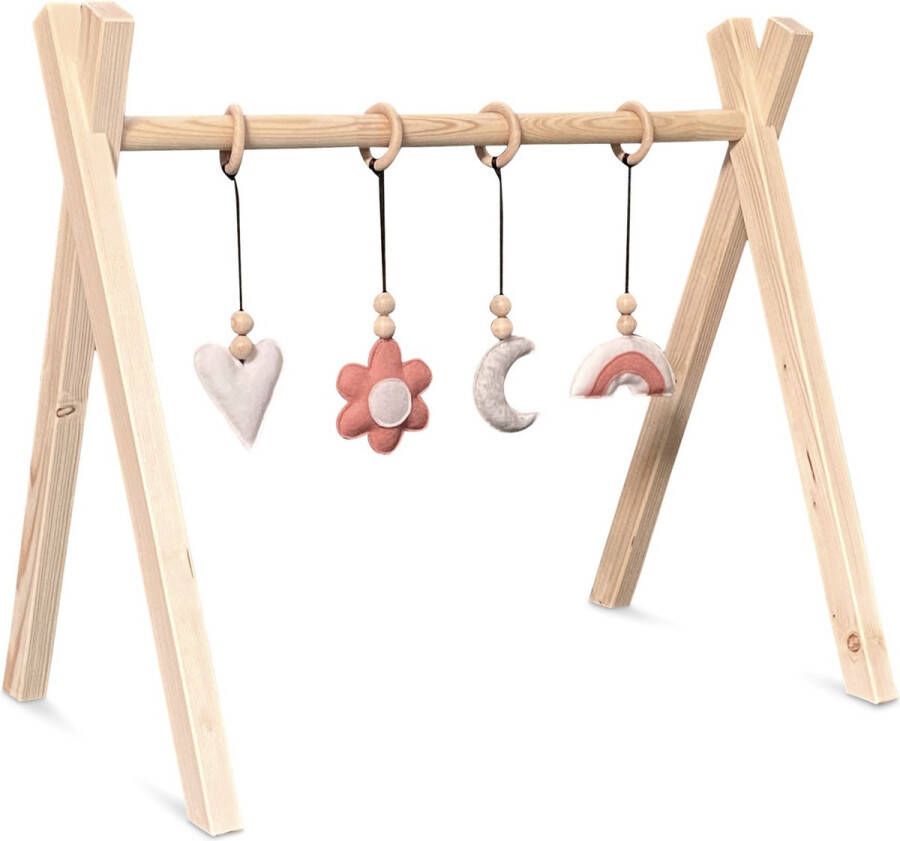 Toddie.nl Houten babygym Massief houten speelboog tipi vorm met bloem en regenboog hangers blank