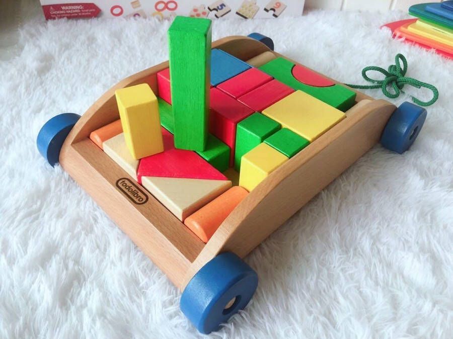 Todoli 2-in-1 Pull Along Block 27 delig Stapelgeveltjes Houten Blokkenton Loopwagens Trekspeeltje Loopfiguren Trekfiguren Houten stapelspel Montessori-speelgoed met geschenkdoos Gekleurde en gevormde kubussen Educatief speelgoed