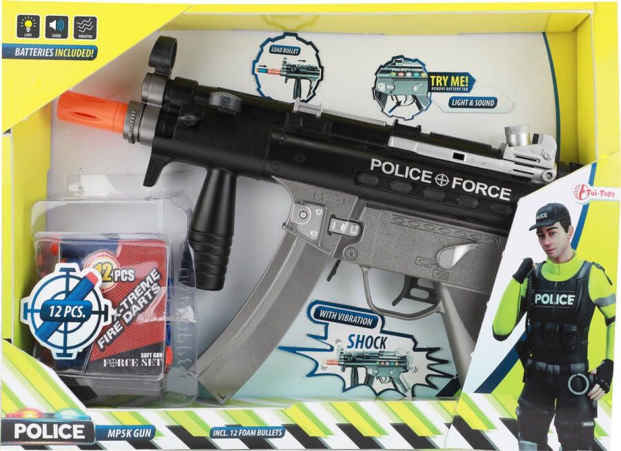 Toi-Toys Speelgoed politie pistool met 12 foam pijltjes MP5K met licht en geluid inclusief batterijen Verkleedattributen