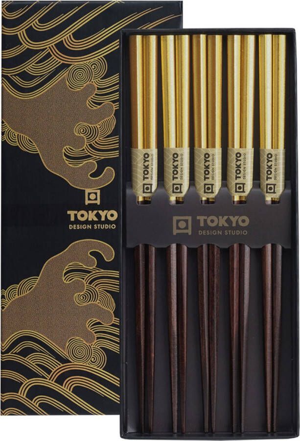 Tokyo Design Studio Chopsticks Set Eetstokjes Hout Goud Set van 5 paar