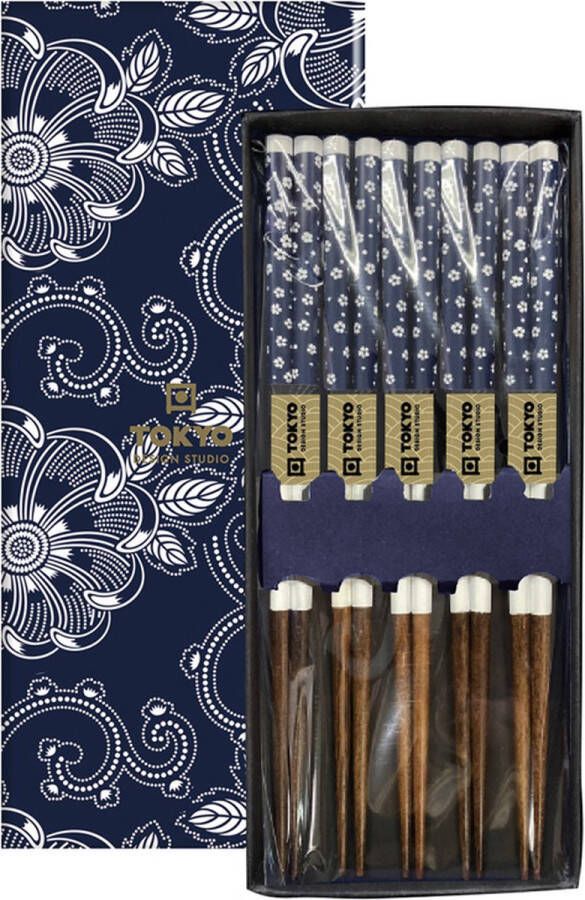 Tokyo Design Studio Chopsticks Set Eetstokjes Hout Inclusief Geschenkdoos Blue Flowers 5 paar