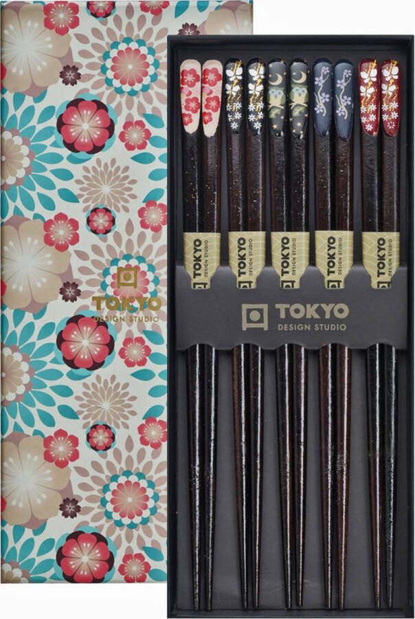 Tokyo Design Studio – Chopsticks Set Eetstokjes Hout Inclusief Geschenkdoos – Nippon Floral – 5 stuks