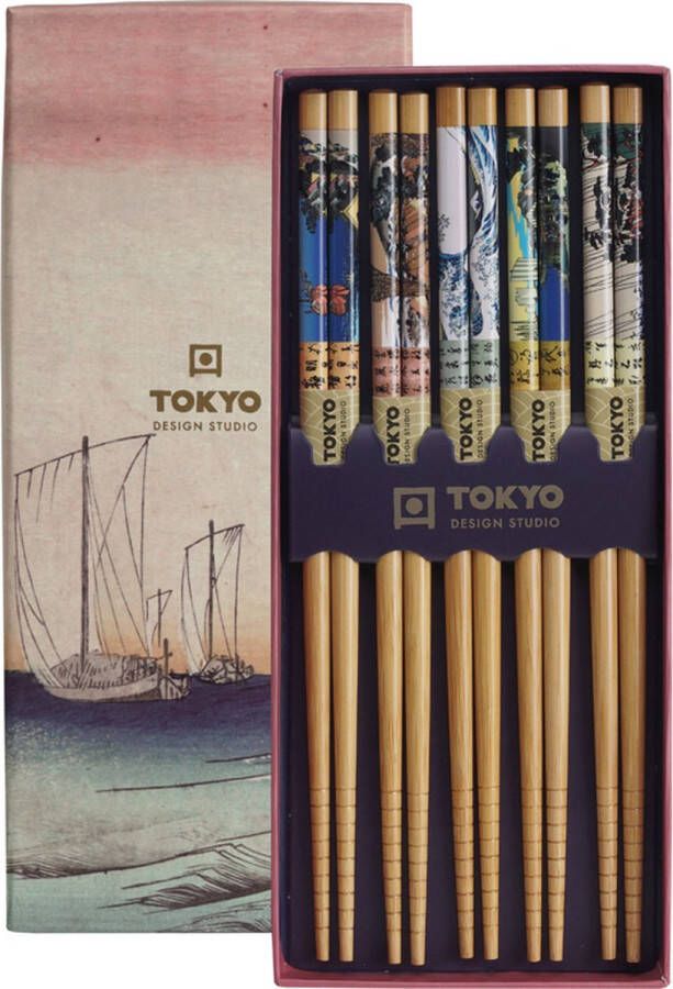 Tokyo Design Studio Chopsticks Set Eetstokjes Hout Inclusief Geschenkdoos Woodblocks 5 paar