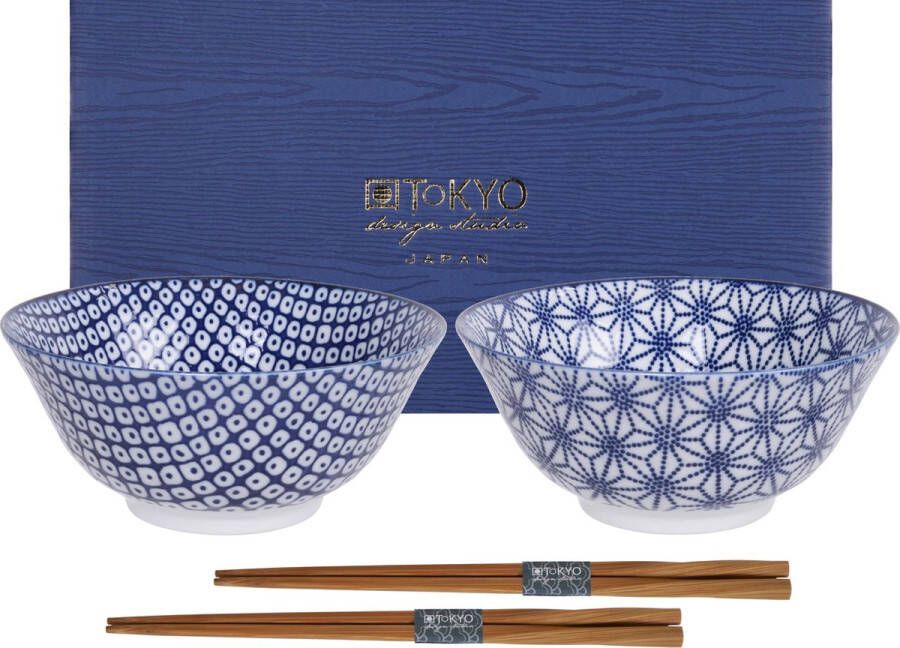 Tokyo Design Studio Nippon Blue Set van 2 Kommen Ø 15 cm inclusief 2 Paar Chopsticks