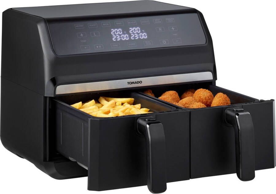 Tomado TAF8001B Dubbele airfryer – Heteluchtfriteuse 2 x 4 liter inhoud 1700 watt Tiptoetsbediening 8 automatische programma's Zwart