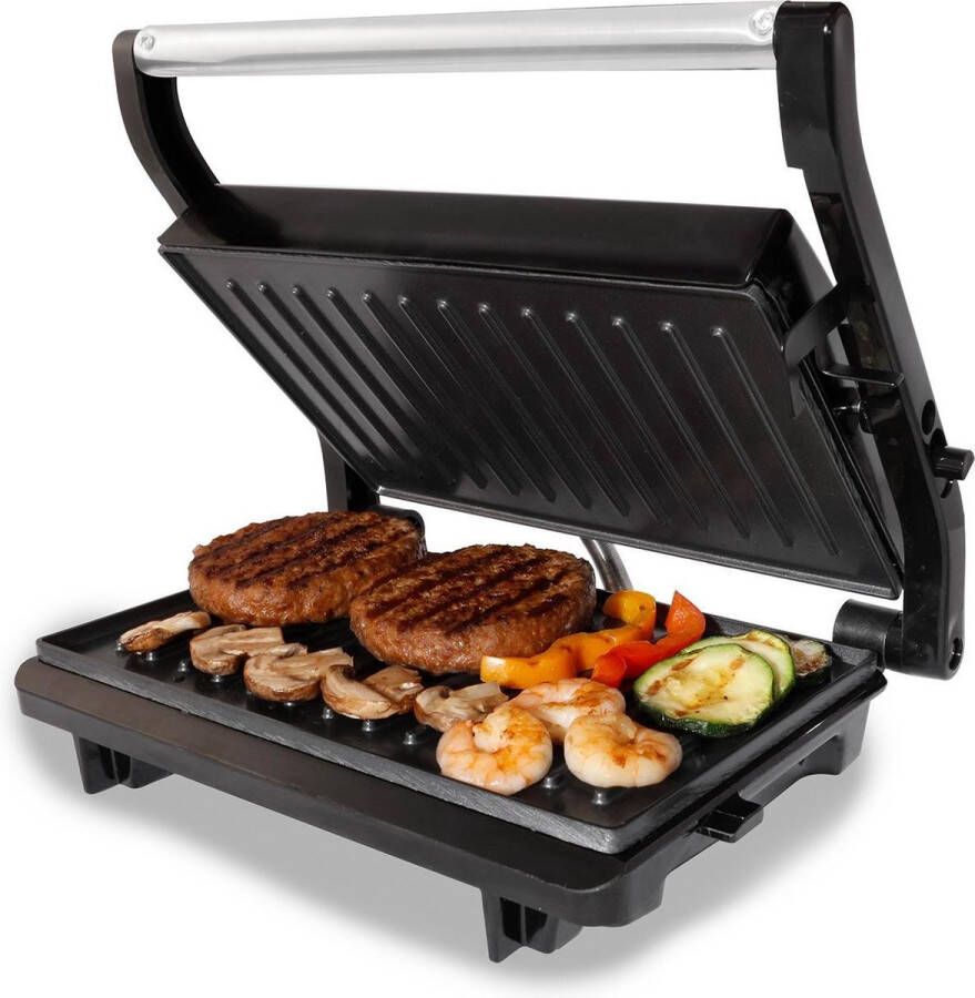 Tomado TGC2001S Kleine contactgrill Grillapparaat Sandwichmaker Anti aanbaklaag – Zwevende deksel 750 watt Zwart RVS