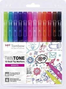 Tombow de Papier Fabriek Tombow TwinTone Marker Set Bright Colours Set van 12 + A6 Handlettering Oefenblok – Ansichtkaarten