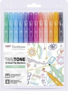 Tombow de Papier Fabriek Tombow TwinTone Marker Set – Pastel Colours Set van 12 + A6 Handlettering Oefenblok – Ansichtkaarten