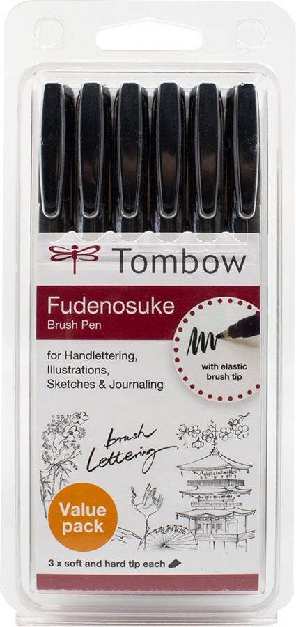 Tombow Fudenosuke- Brush Pen- 6 stuks 3 x soft en 3 x hard tip