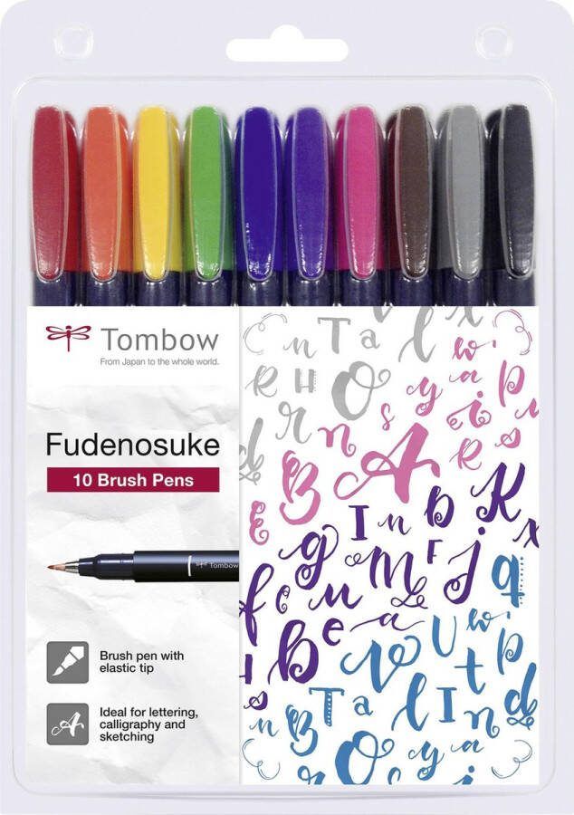 Tombow Brush pen Fudenosuke with elastic tip set of 10 colours