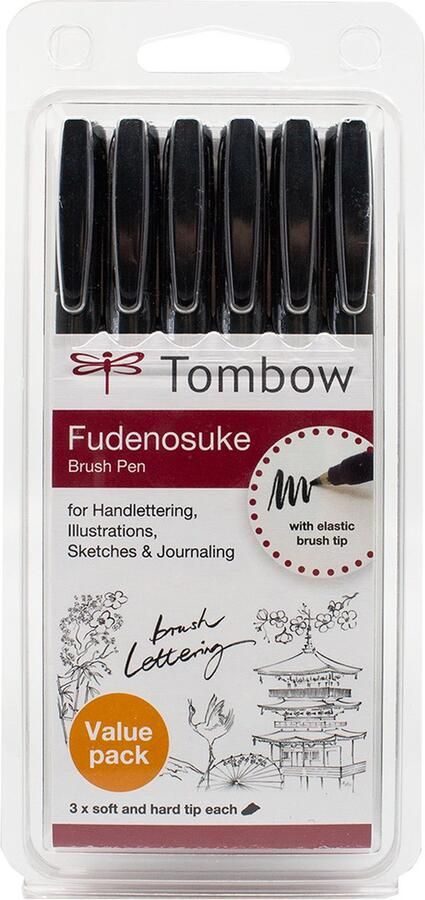 Tombow Brush Pen- Fudenosuke-6 stuks- 2x soft en hard elk 2 x hard