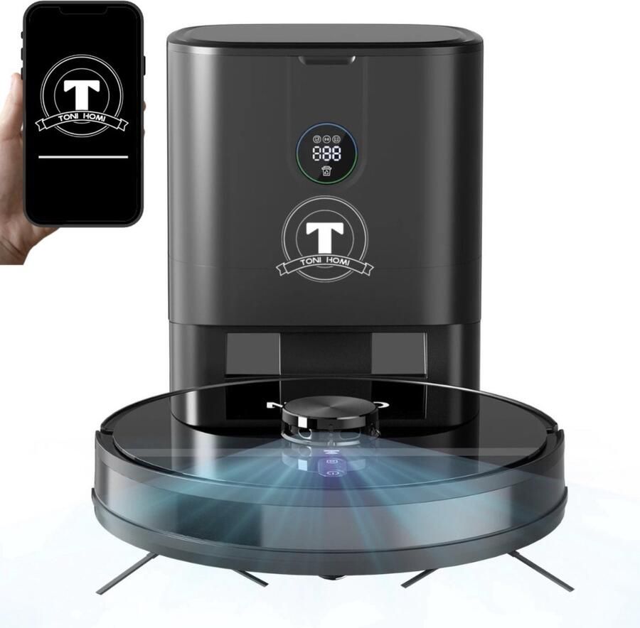 TONIHOMI R8 Robotstofzuiger Met Dweilfunctie Robotstofzuiger met leegstation Robotstofzuiger met laadstation LDS Laser navigatie Robotstofzuiger huisdieren Dweilrobot Zwart