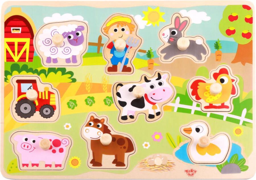 Tooky Toy Houten Speelgoed Vormenpuzzel Dierenpuzzel Boerderij Vanaf 1 5 Jaar 10-delig