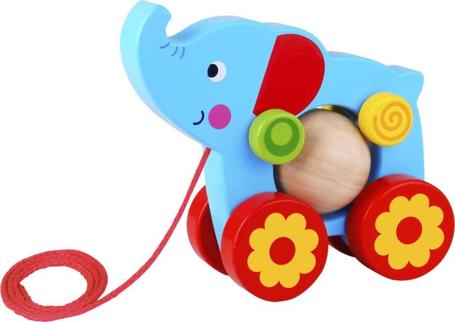 Be_Imex Tooky Toy Olifant Trekfiguur Houten Speelgoed Vanaf 18 Maanden Blauw rood