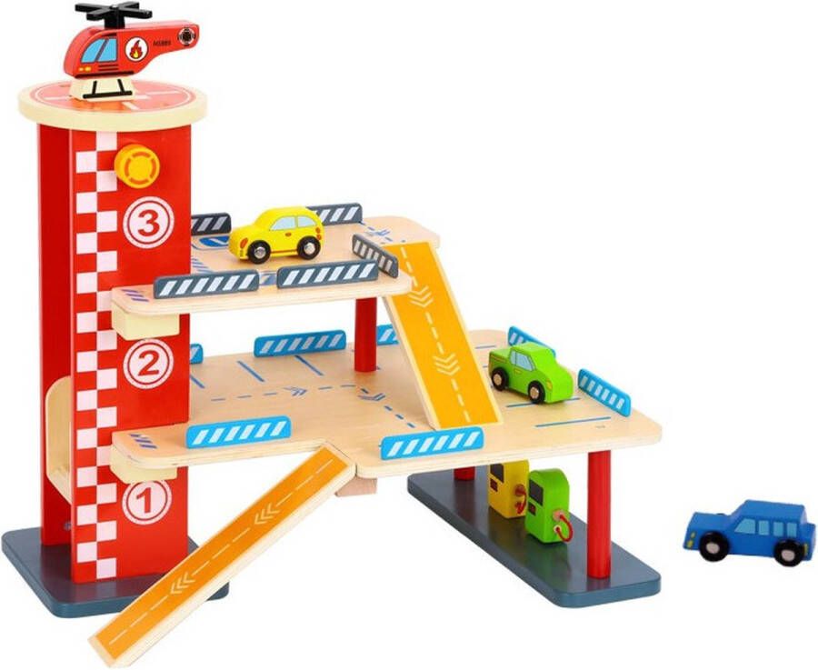 Tooky Toy Parkeergarage Junior 45 X 37 Cm Hout Rood 16-delig