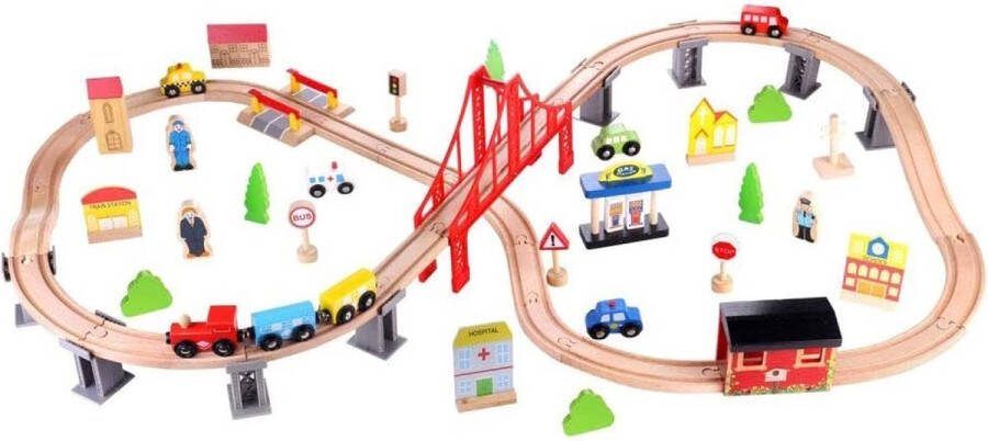 Tooky Toy Treinset junior hout naturel 70-delig