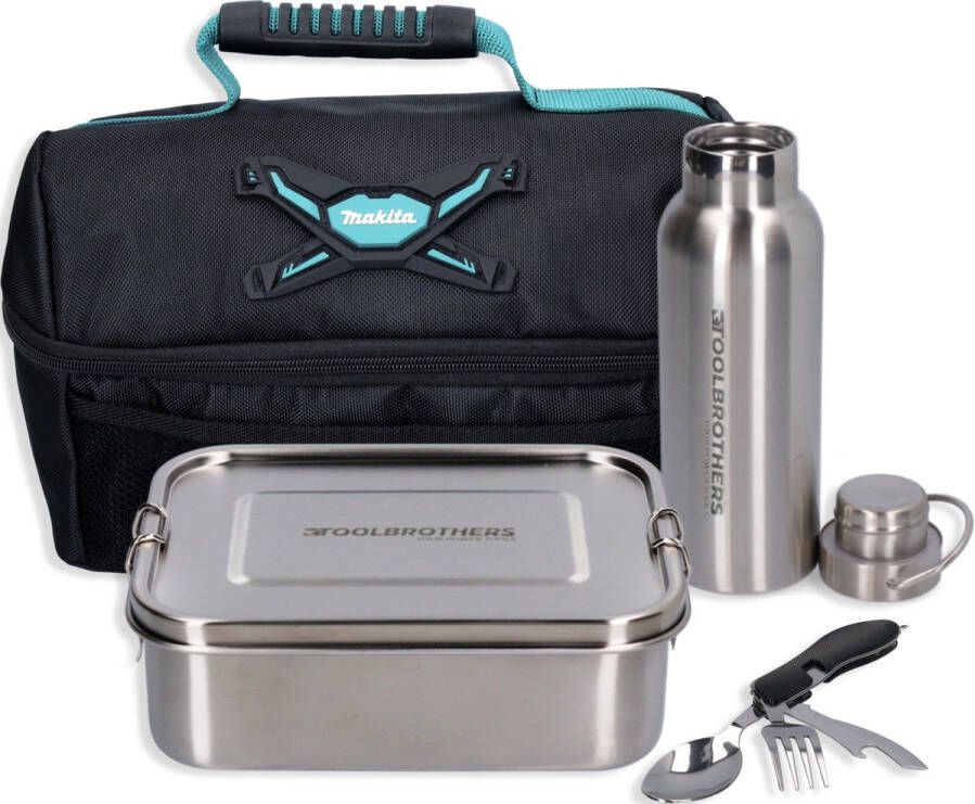 Toolbrothers Ventilator lunchpakket in Makita koeltas met roestvrijstalen lunchbox met vakverdeling en roestvrijstalen deksel 1200 ml + roestvrijstalen drinkfles 500 ml + 4 in 1 multifunctionele bestekset