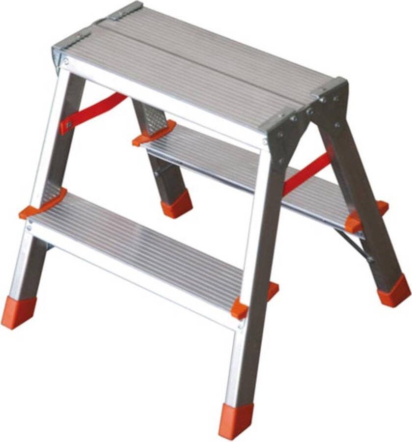 Toolland Dubbelzijdig opstapje met 2 x 2 treden antislipvoetjes en antislipprofiel op de vier treden en het breed platform opvouwbaar aluminium draagvermogen tot 150 kg type DUAL