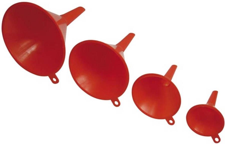 Toolland Set trechters 4-delig ideaal voor het bijvullen van vloeistoffen en droge ingrediënten 45 65 90 110 mm stapelbaar kunststof rood