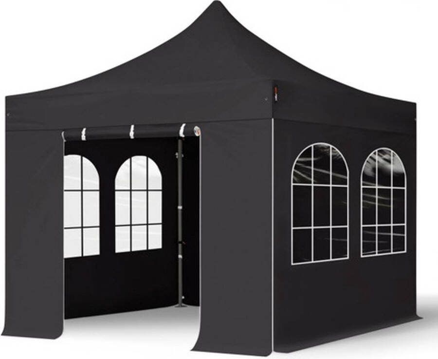 TOOLPORT 3x3 m Easy Up partytent Vouwpaviljoen PVC brandvertragend met zijwanden (4 vensters) PREMIUM staal 40mm zwart