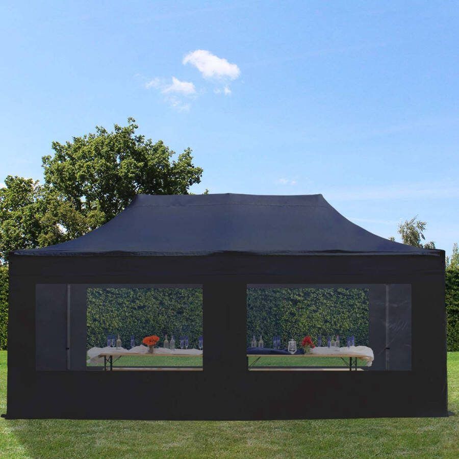 TOOLPORT 3x6 m Easy Up partytent Vouwpaviljoen PREMIUM staal 40mm met zijwanden (panorama) zwart