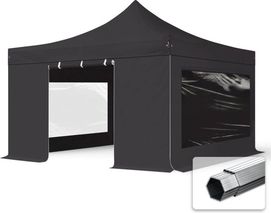 TOOLPORT 4x4 m Easy Up partytent Vouwpaviljoen PVC brandvertragend met zijwanden (2 panorama) PROFESSIONAL alu 40mm zwart
