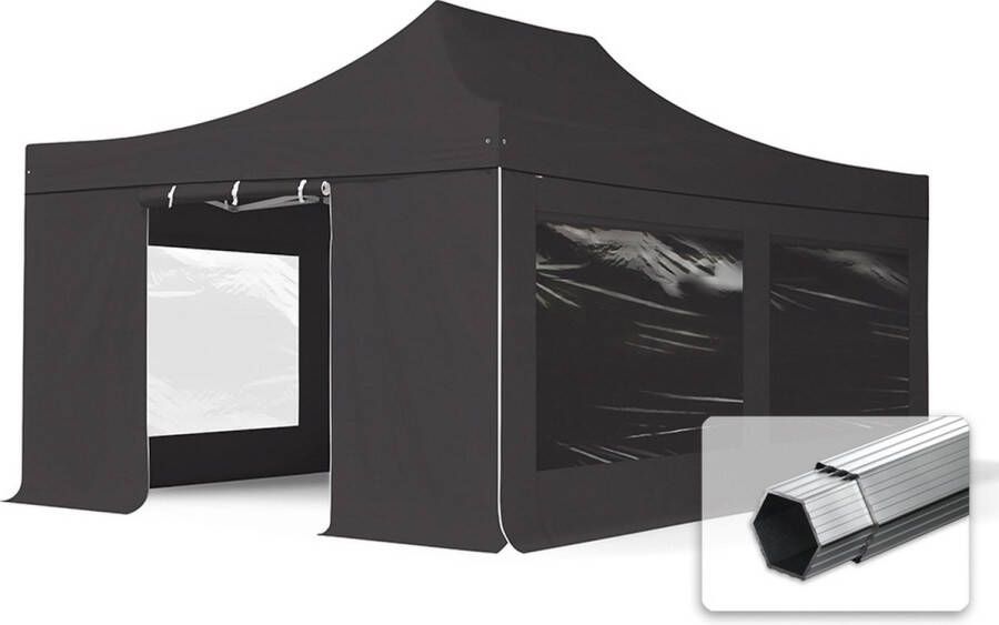 TOOLPORT 4x6 m Easy Up partytent Vouwpaviljoen PVC brandvertragend met zijwanden (4 panorama) PROFESSIONAL alu 50 mm zwart