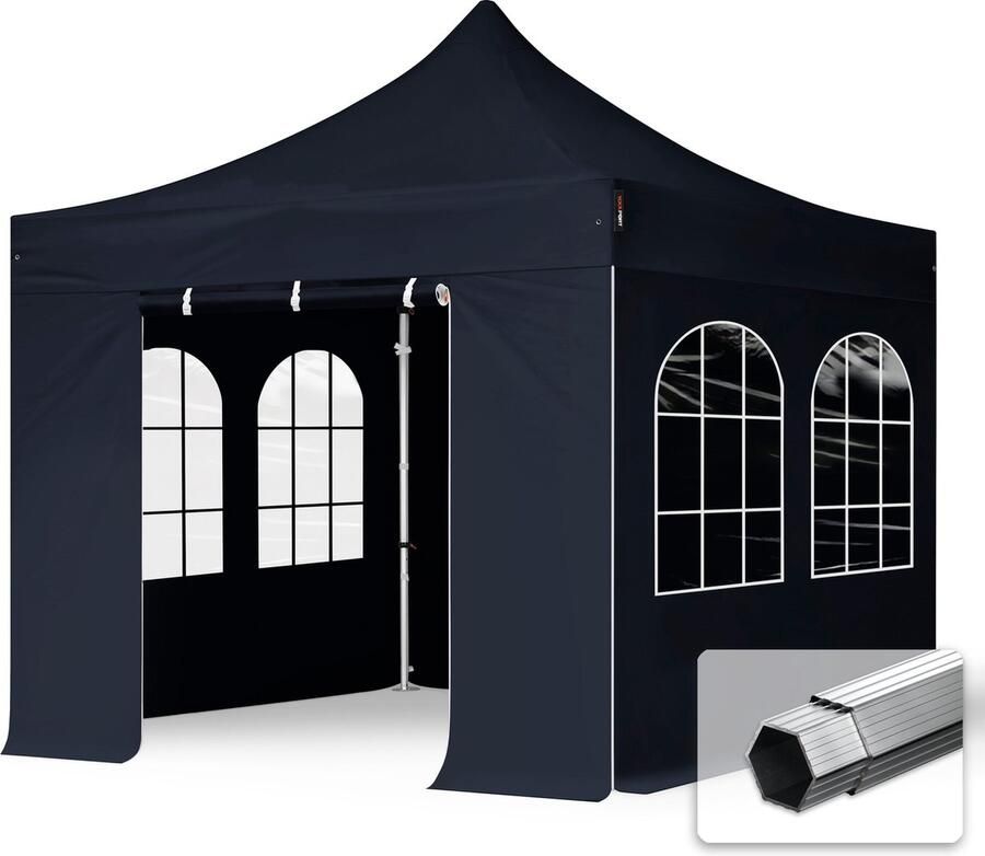 TOOLPORT 3x3m Easy Up partytent Vouwpaviljoen PVC brandvertragend met zijwanden (4 vensters) PROFESSIONAL alu 40mm zwart