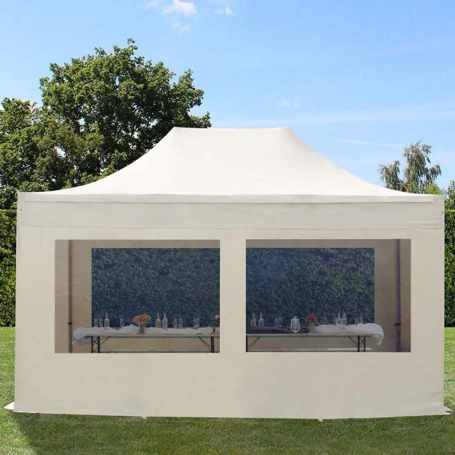 TOOLPORT 3x4 5 m Easy Up partytent Vouwpaviljoen PREMIUM staal 40mm met zijwanden (panorama) crème