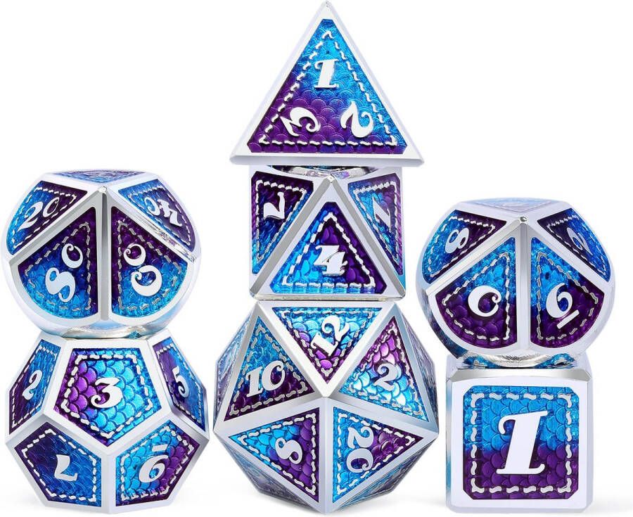 Top Dice ™ 7 Metalen Dobbelstenen Dungeons & Dragons – Blauw Paars met Zilver – Polydice set TRPG