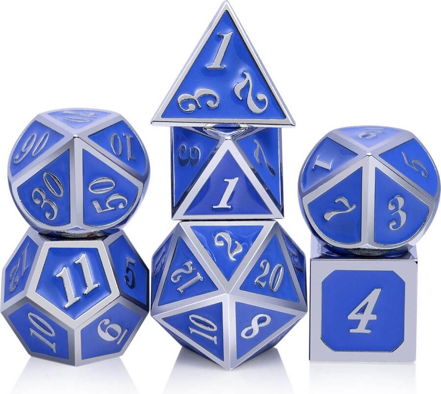 Top Dice ™ 7 Metalen Dobbelstenen Dungeons & Dragons – Zilver met Blauw– Polydice set TRPG