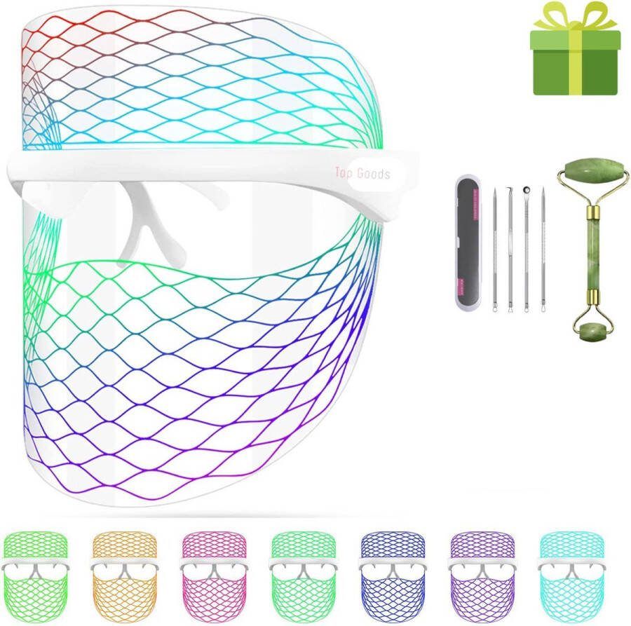 Top Goods Lichtgewicht LED masker | 7 Kleuren | Huidverjonging | Vette onzuivere huid en acne behandeling | Met Jade Roller & Comedonenlepel set