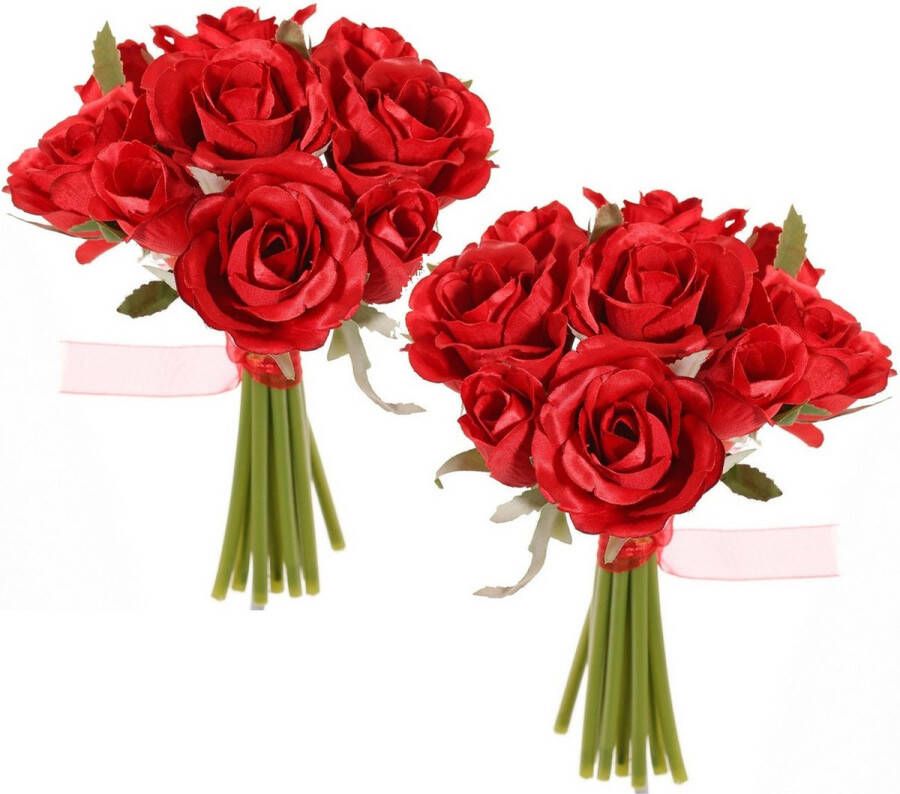 TopArt Boeketje kunstbloemen 2x rozen rood 20 cm Bruidsboeketten