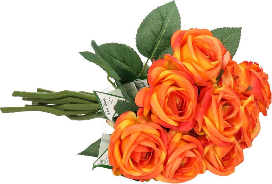TopArt Top Art Kunstbloemen boeket roos Nina 10x oranje 27 cm plastic steel decoratie bloemen