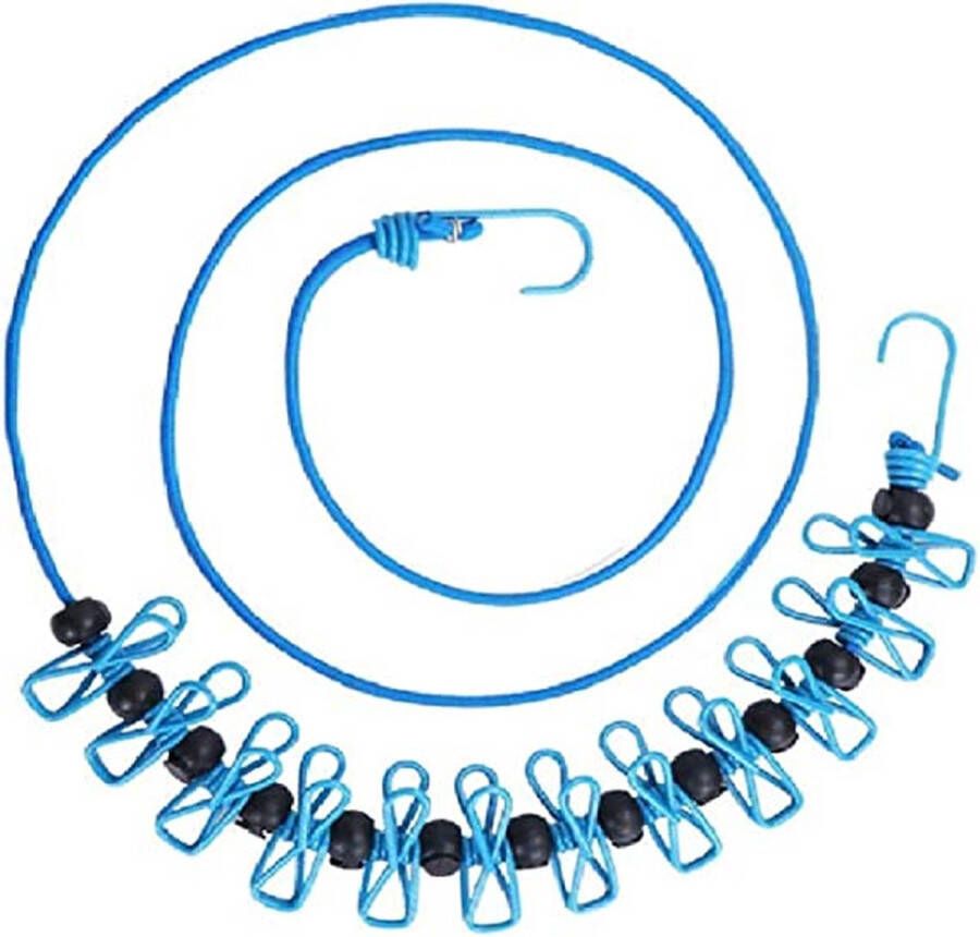 Topco Draagbare Waslijn Met 12 Wasknijpers Winddichte Reiswaslijn – Elastisch – Blauw