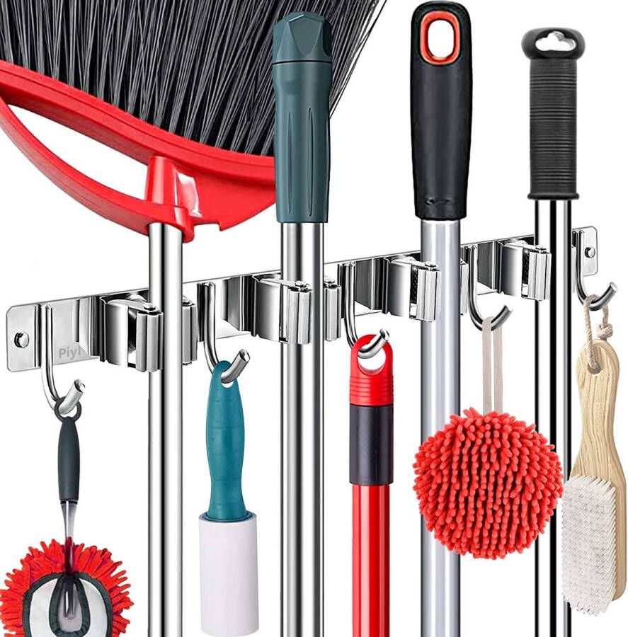 Topco Organizer met Wandmontage – Huishoudelijke Voorwerpen Houder – Bezemhouder Gereedschapshouder Weerbestendig – Anti-Slip – Garage Keuken Wasserij – 4 Klemmen & 5 Haken – Metaal