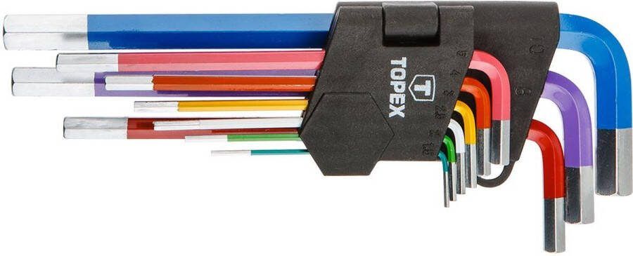 Topex INBUSSLEUTEL SET GEKLEURD 9 DLG 1.5 T M 10 MM CHROOM-VANADIUMSTAAL ZESKANTSLEUTELSET STIFTSLEUTELSET