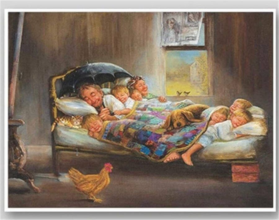 Topmo Grootouders en kleinkinderen in boerderij 40X50CM- Diamond painting pakket HQ Diamond Painting VOLLEDIG dekkend Diamant Schilderen voor Volwassenen – ROND