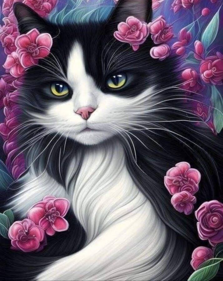 Topmo Zwart witte poes 40X50CM- Diamond painting pakket HQ Diamond Painting VOLLEDIG dekkend Diamant Schilderen voor Volwassenen – ROND